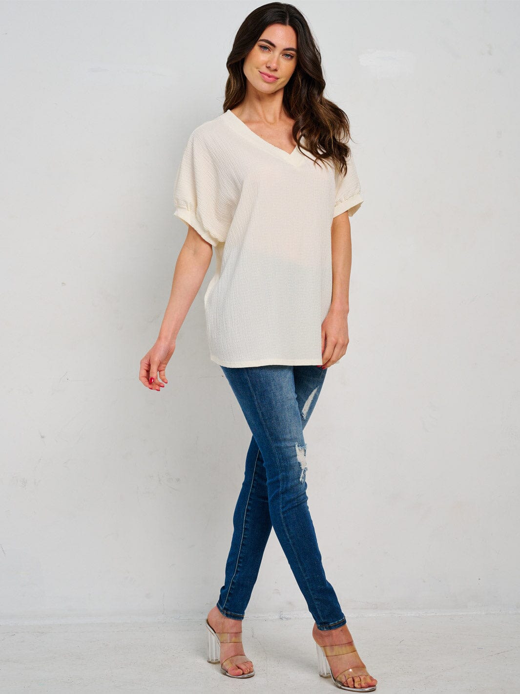 WOMEN'S SHORT SLEEVE V-NECK TUNIC BLOUSE