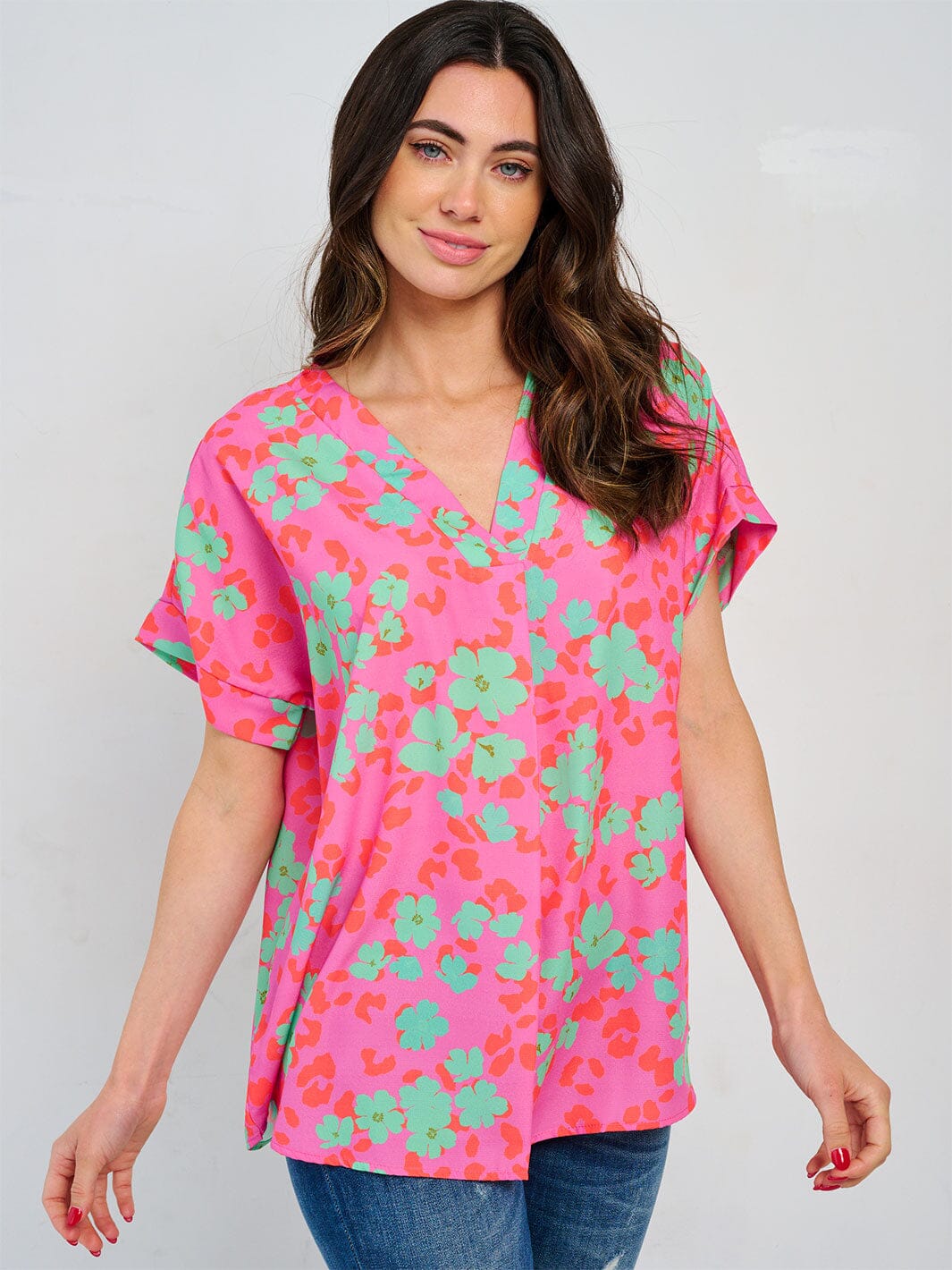 WOMEN'S SHORT SLEEVE V-NECK TUNIC FLORAL BLOUSE