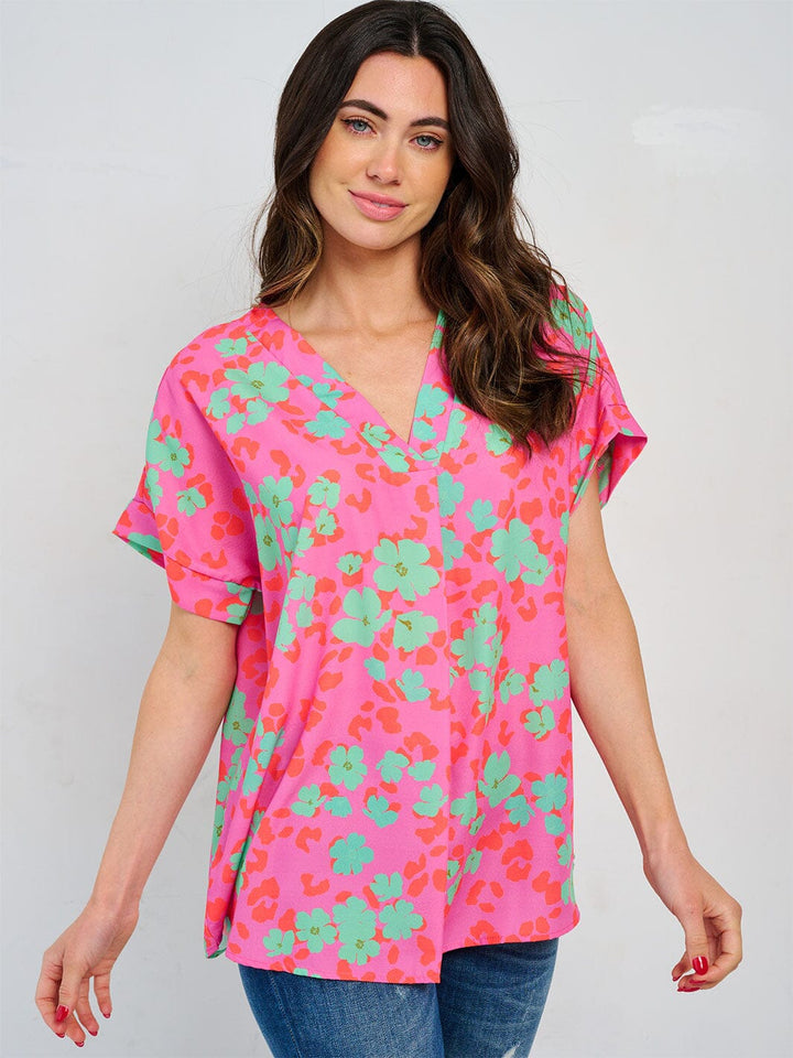 WOMEN'S SHORT SLEEVE V-NECK TUNIC FLORAL BLOUSE