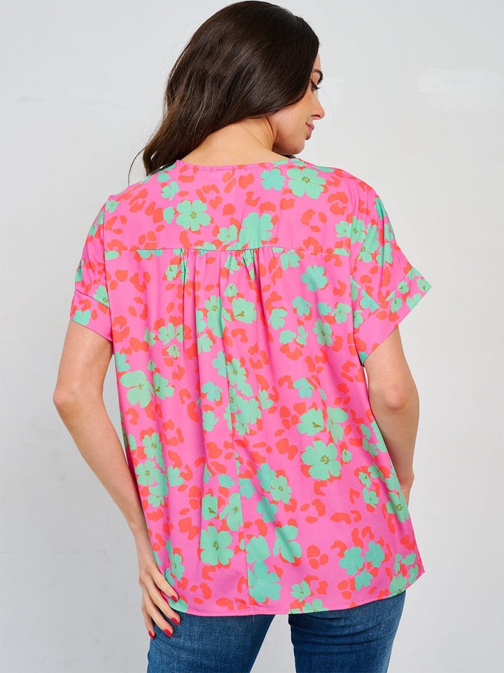 WOMEN'S SHORT SLEEVE V-NECK TUNIC FLORAL BLOUSE