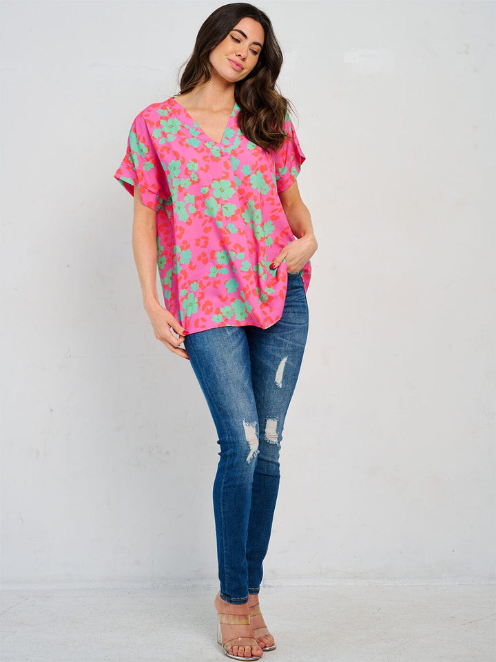 WOMEN'S SHORT SLEEVE V-NECK TUNIC FLORAL BLOUSE