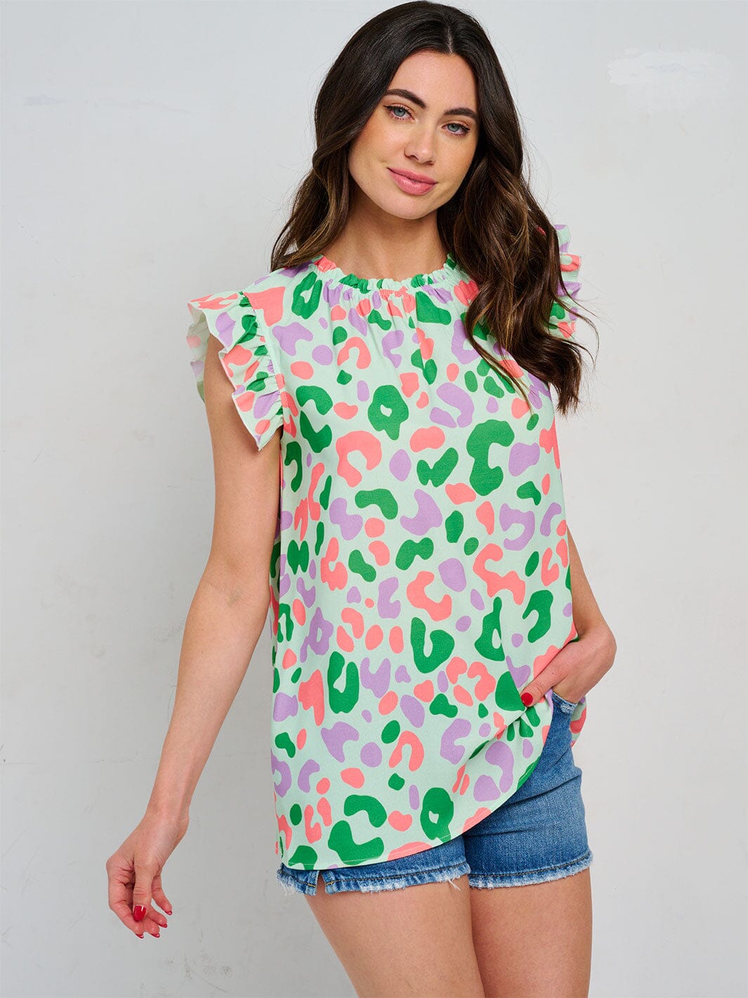 WOMEN'S RUFFLE SLEEVE TUNIC MULTI PRINT BLOUSE