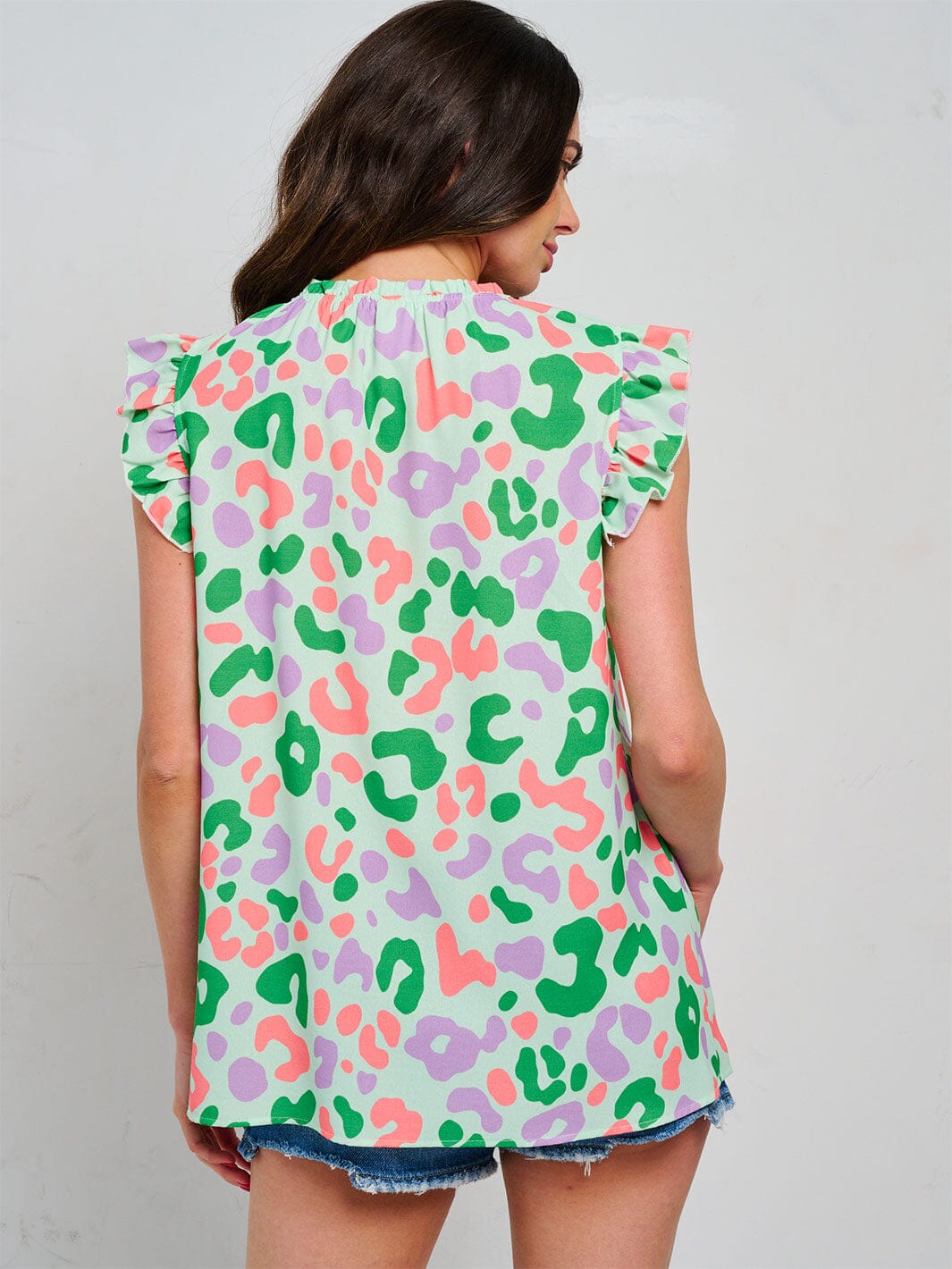 WOMEN'S RUFFLE SLEEVE TUNIC MULTI PRINT BLOUSE