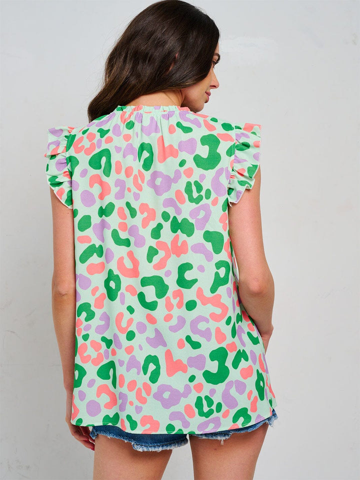 WOMEN'S RUFFLE SLEEVE TUNIC MULTI PRINT BLOUSE