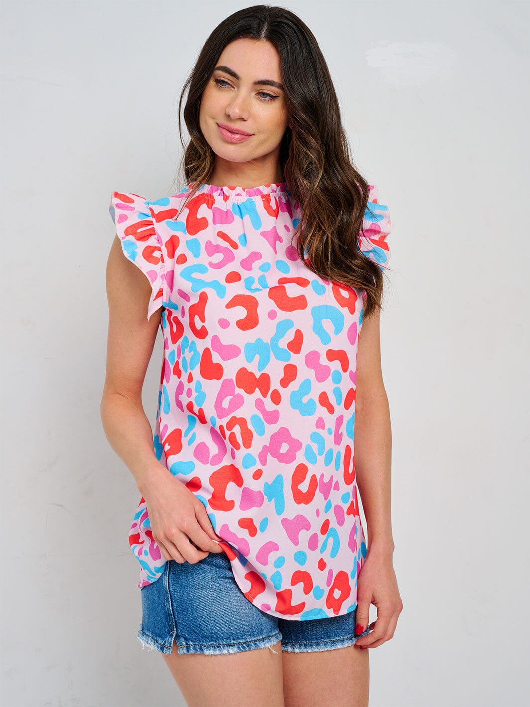 WOMEN'S RUFFLE SLEEVE TUNIC MULTI PRINT BLOUSE