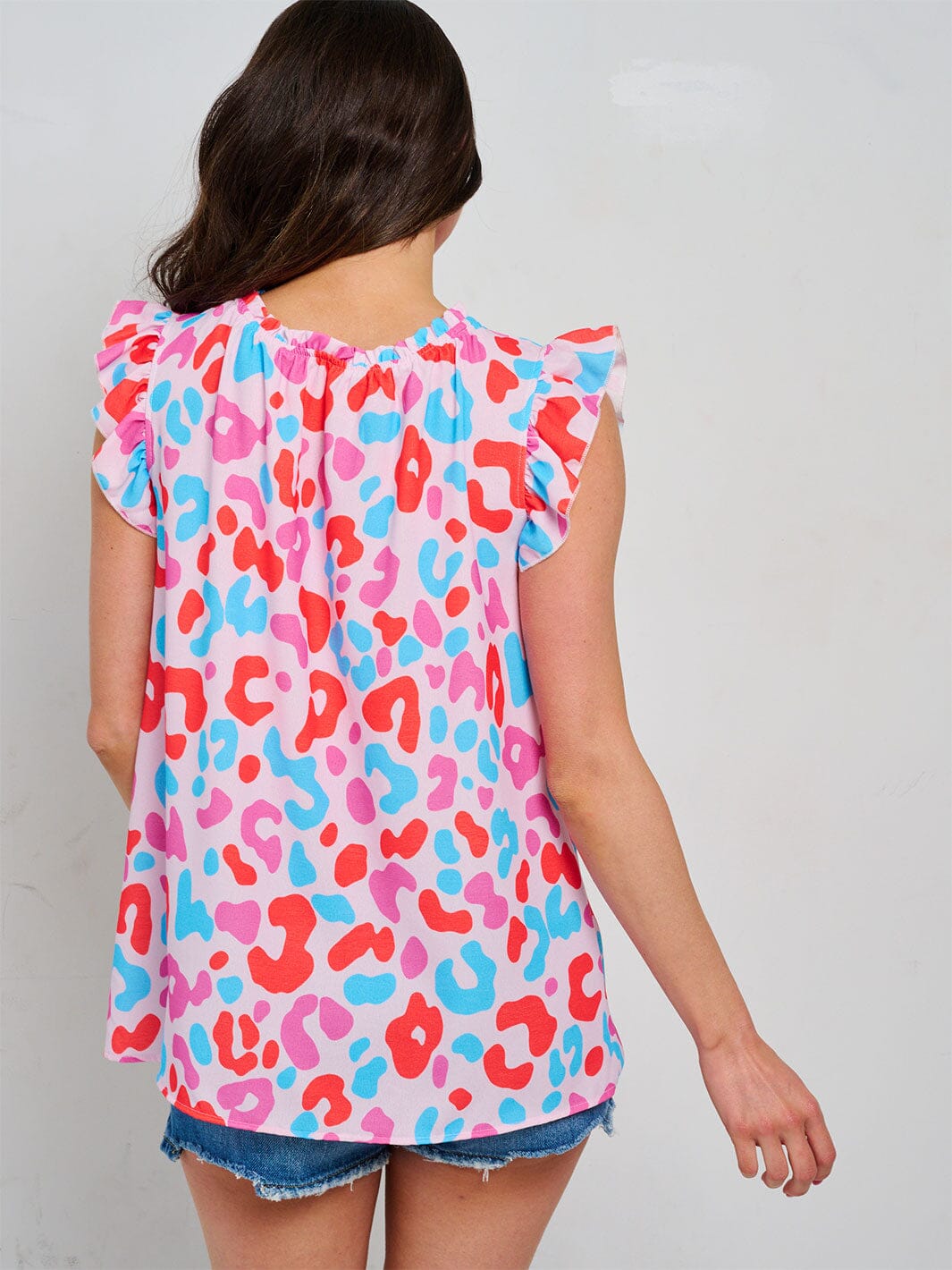 WOMEN'S RUFFLE SLEEVE TUNIC MULTI PRINT BLOUSE