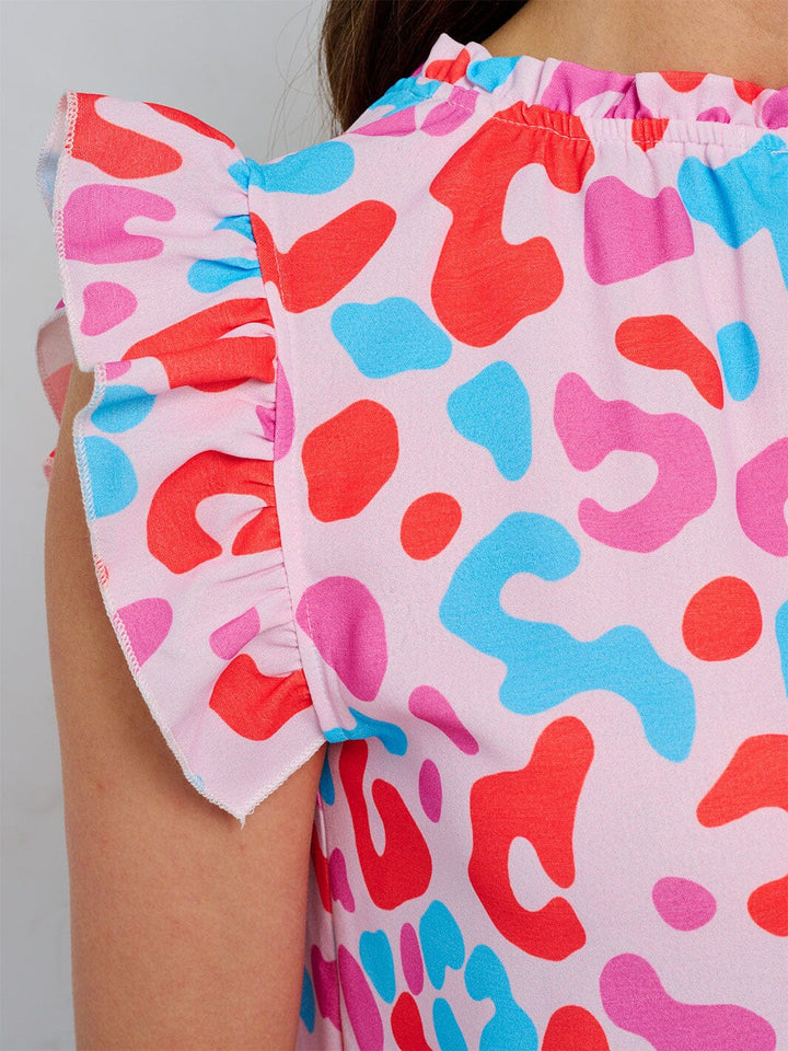 WOMEN'S RUFFLE SLEEVE TUNIC MULTI PRINT BLOUSE