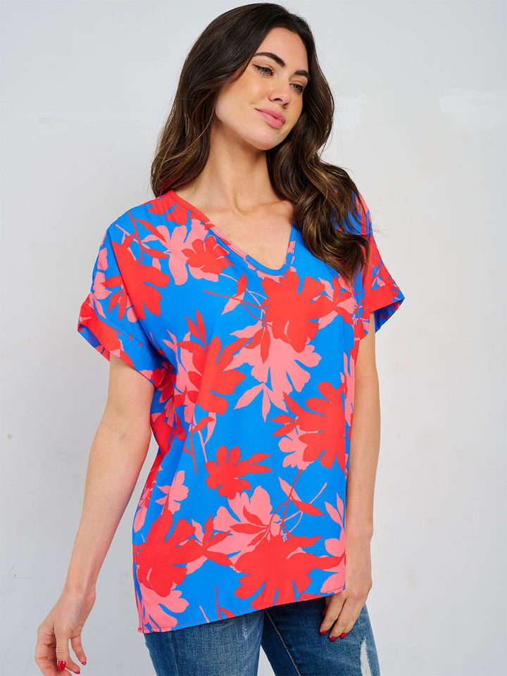 WOMEN'S SHORT SLEEVE V-NECK TUNIC FLORAL BLOUSE