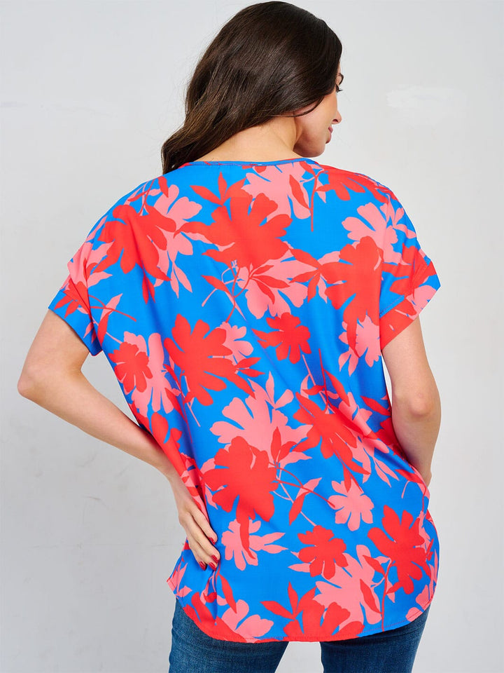 WOMEN'S SHORT SLEEVE V-NECK TUNIC FLORAL BLOUSE