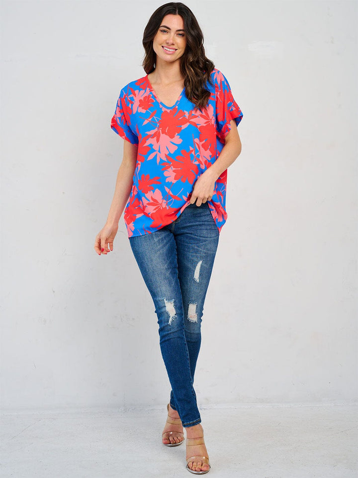 WOMEN'S SHORT SLEEVE V-NECK TUNIC FLORAL BLOUSE