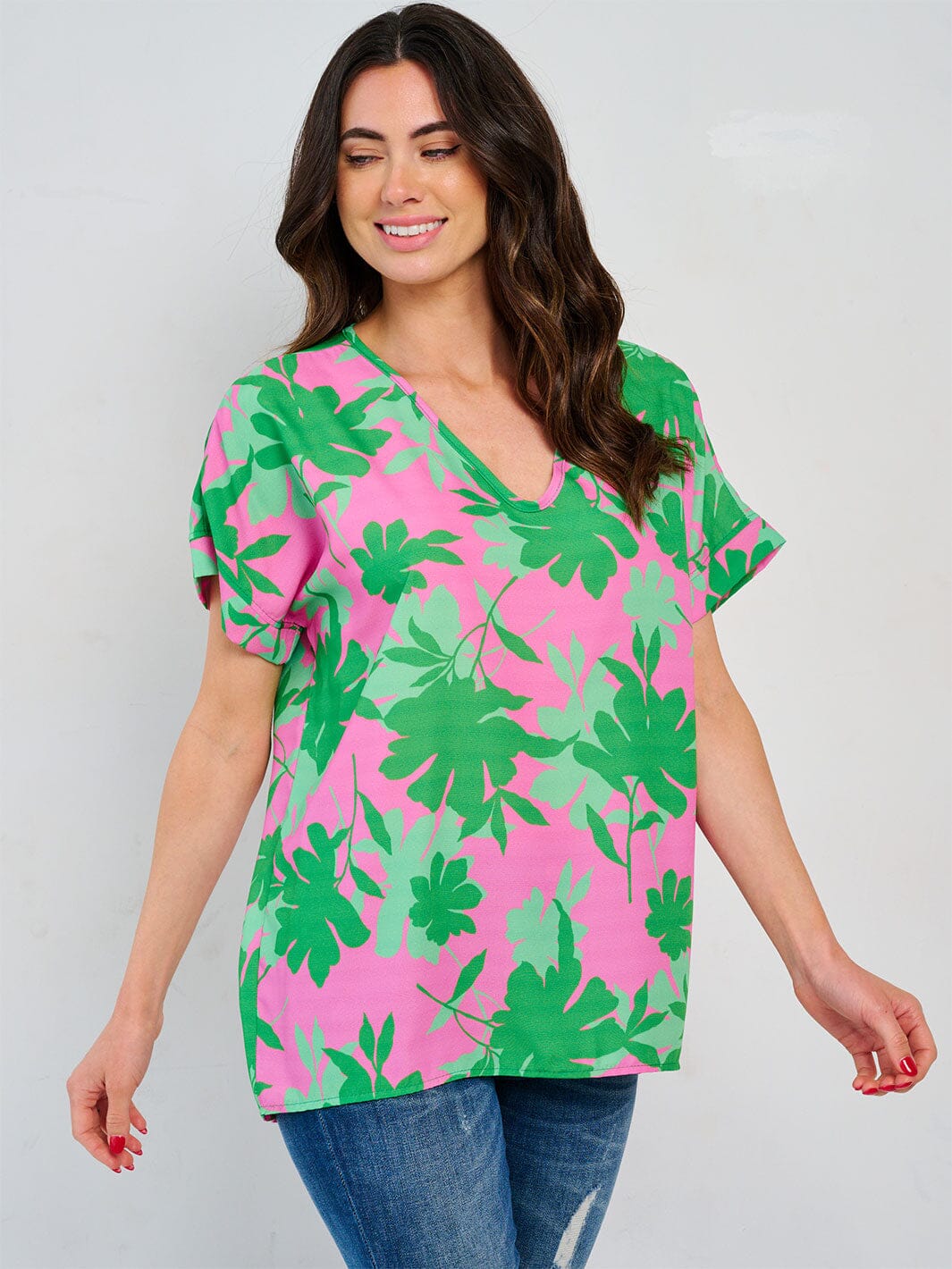 WOMEN'S SHORT SLEEVE V-NECK TUNIC FLORAL BLOUSE