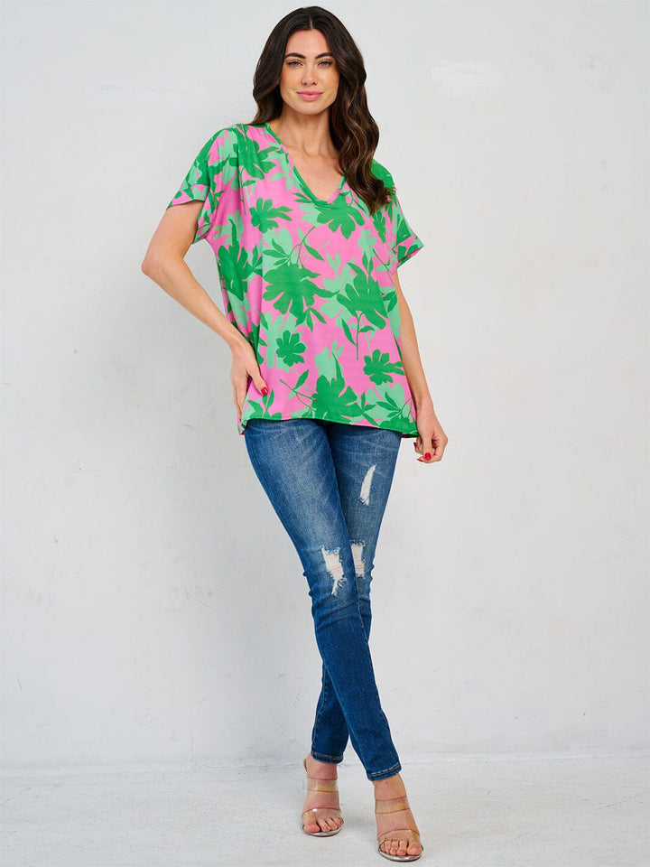 WOMEN'S SHORT SLEEVE V-NECK TUNIC FLORAL BLOUSE