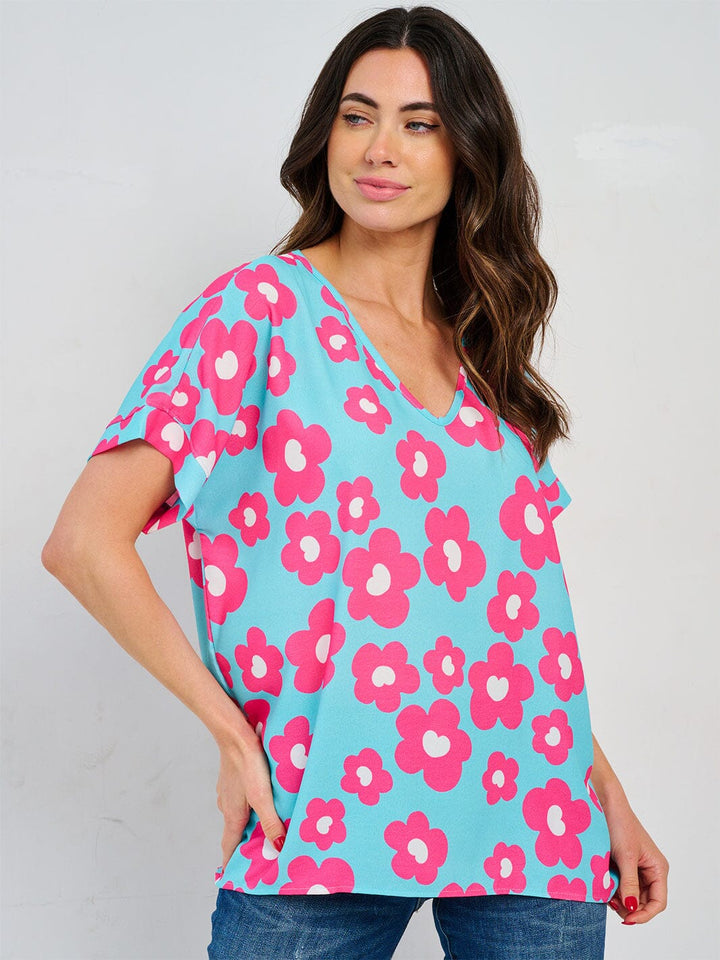 WOMEN'S SHORT SLEEVE V-NECK TUNIC FLORAL BLOUSE
