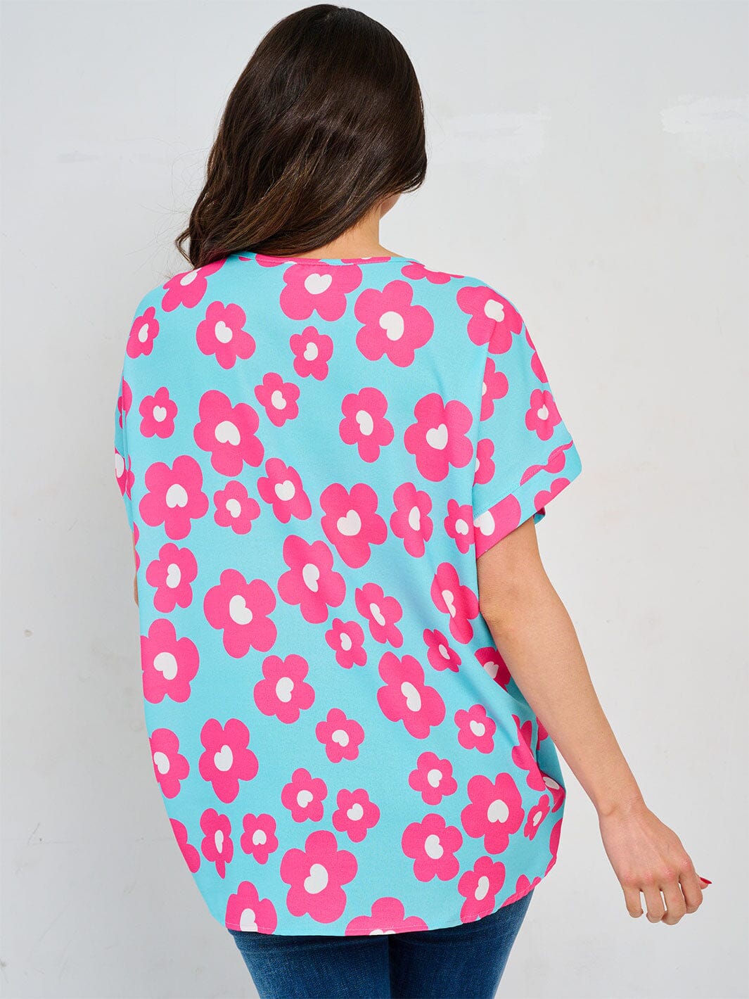 WOMEN'S SHORT SLEEVE V-NECK TUNIC FLORAL BLOUSE