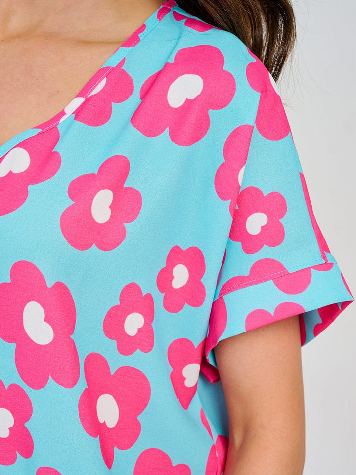 WOMEN'S SHORT SLEEVE V-NECK TUNIC FLORAL BLOUSE