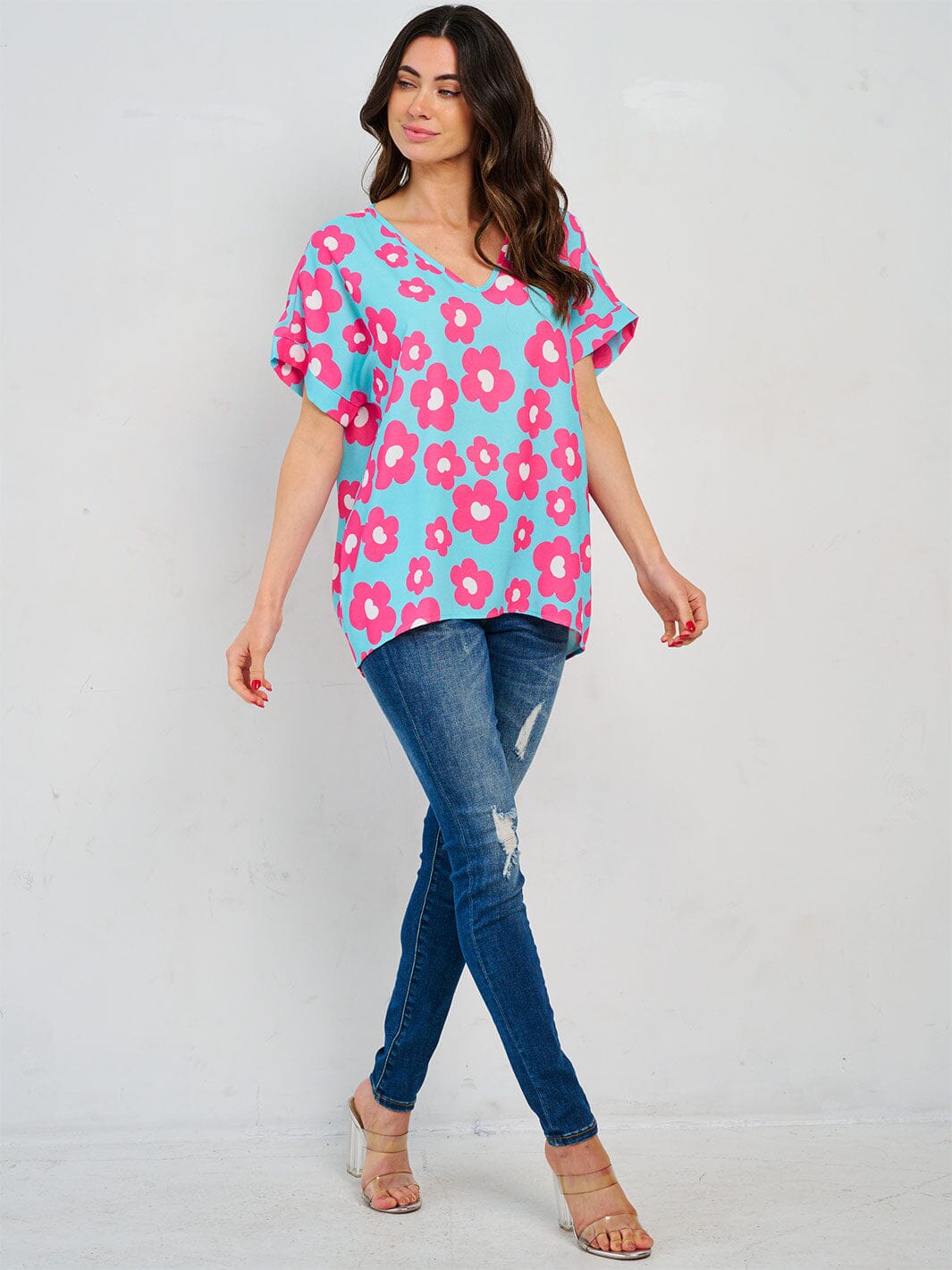 WOMEN'S SHORT SLEEVE V-NECK TUNIC FLORAL BLOUSE