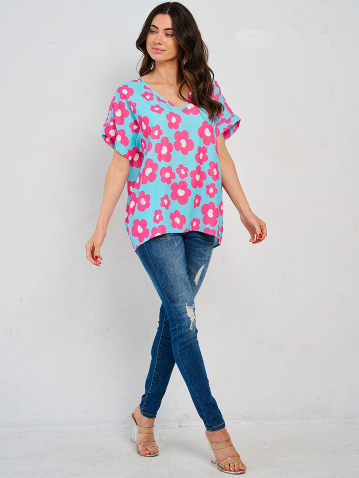 WOMEN'S SHORT SLEEVE V-NECK TUNIC FLORAL BLOUSE