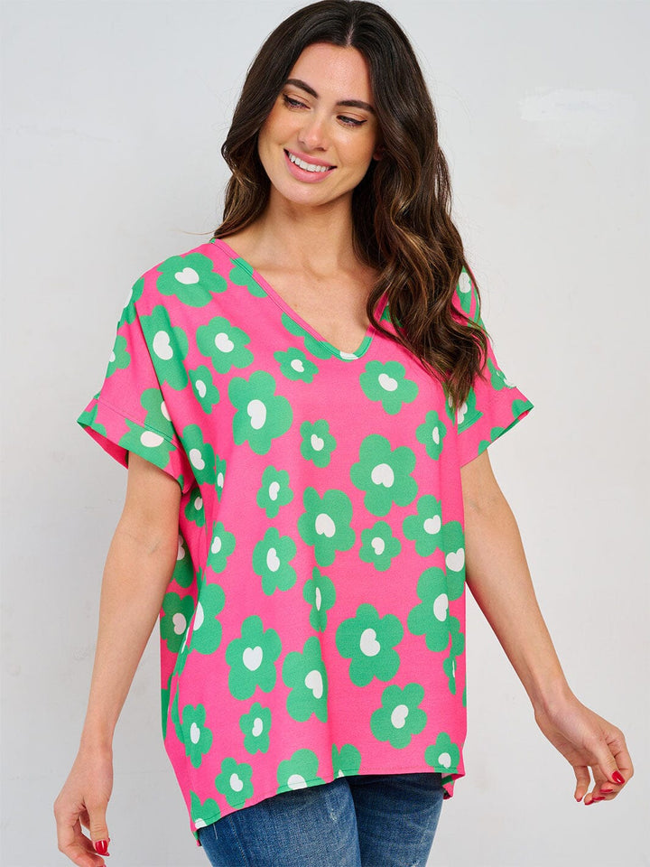 WOMEN'S SHORT SLEEVE V-NECK TUNIC FLORAL BLOUSE