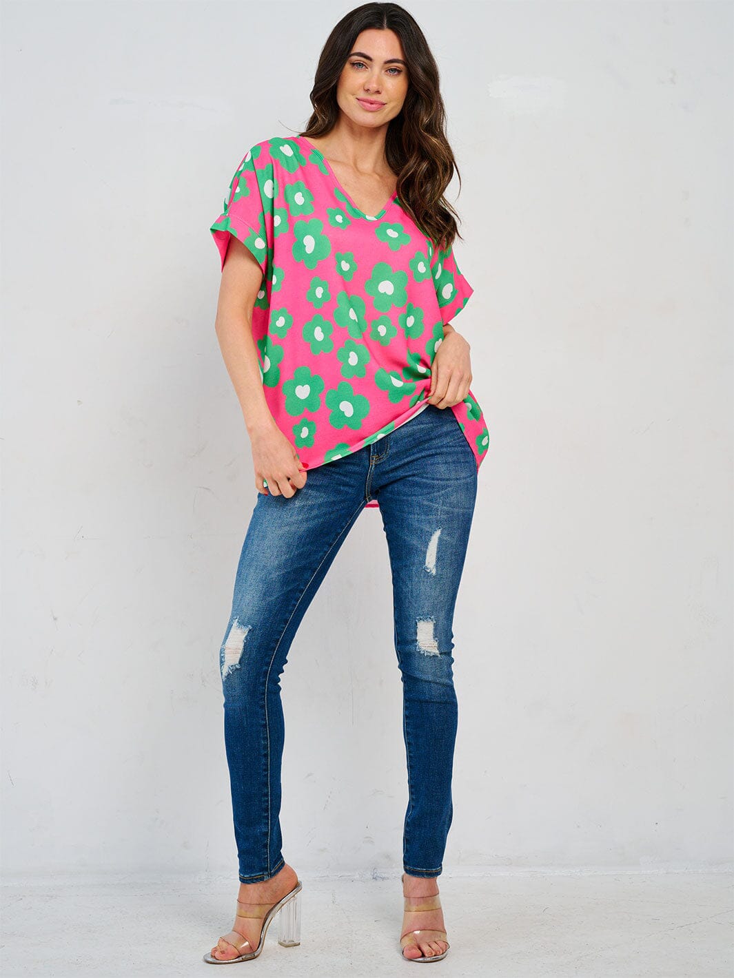 WOMEN'S SHORT SLEEVE V-NECK TUNIC FLORAL BLOUSE