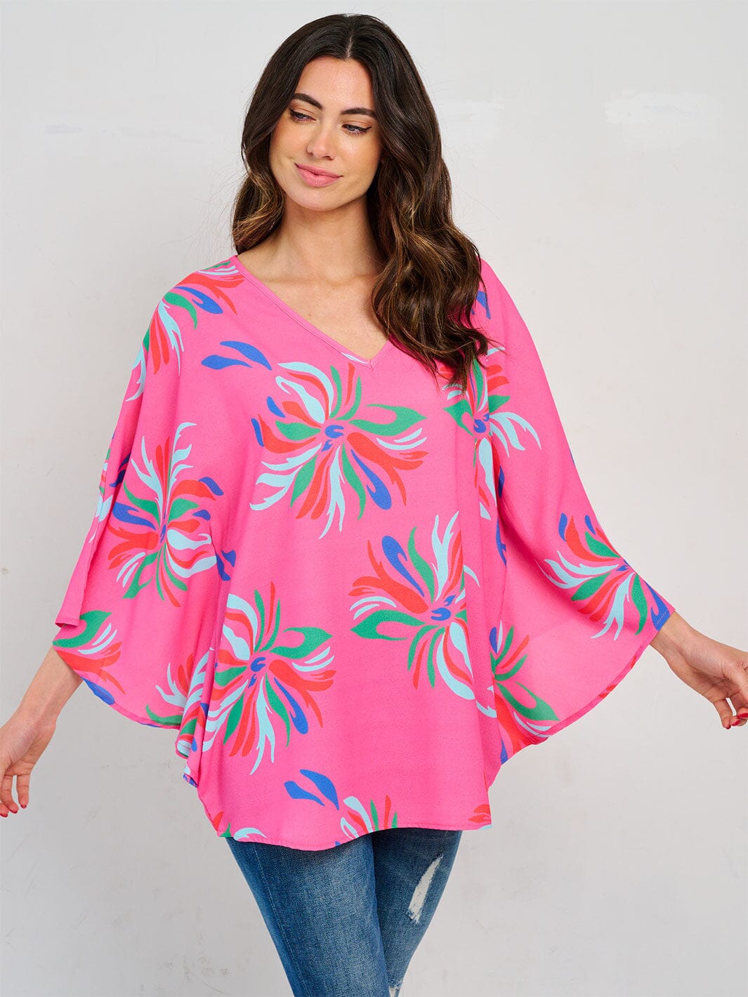 WOMEN'S 3/4 SLEEVE V-NECK TUNIC PRINTED BLOUSE
