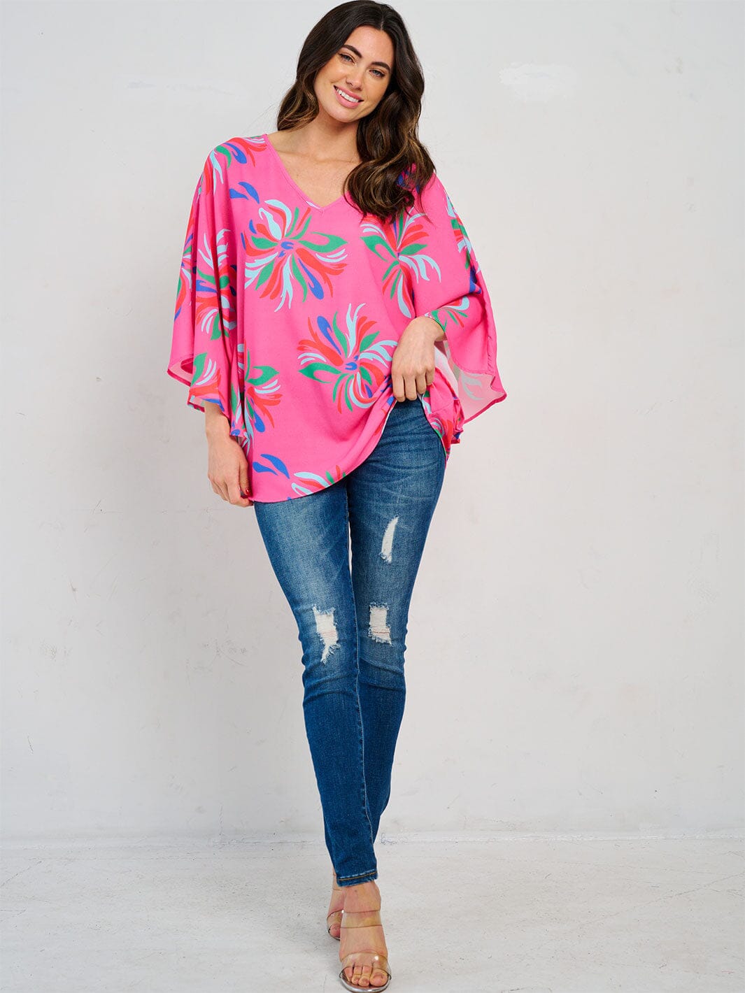 WOMEN'S 3/4 SLEEVE V-NECK TUNIC PRINTED BLOUSE