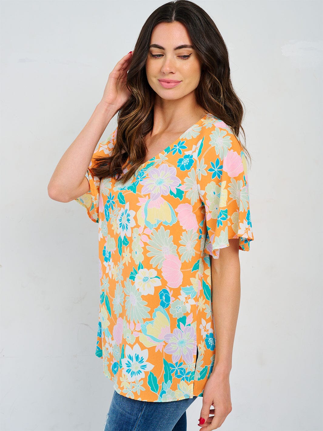 WOMEN'S SHORT SLEEVE V-NECK FLORAL PRINT TUNIC BLOUSE