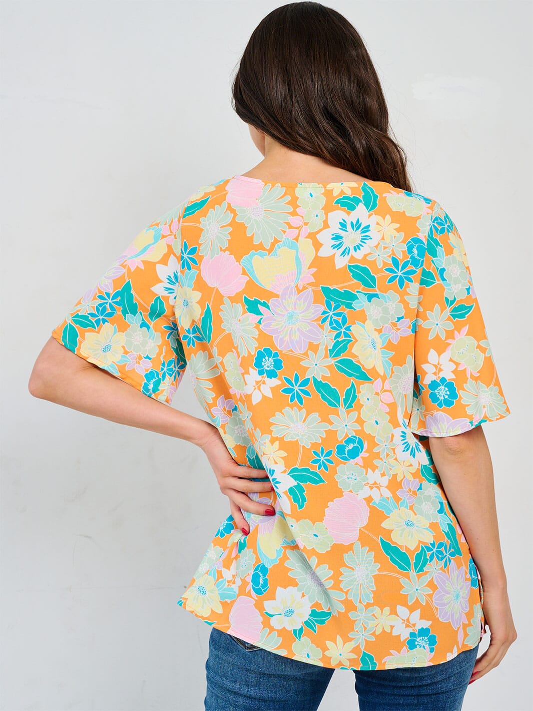 WOMEN'S SHORT SLEEVE V-NECK FLORAL PRINT TUNIC BLOUSE