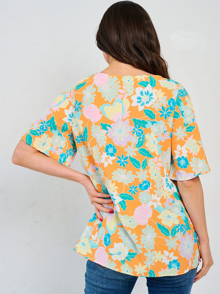 WOMEN'S SHORT SLEEVE V-NECK FLORAL PRINT TUNIC BLOUSE