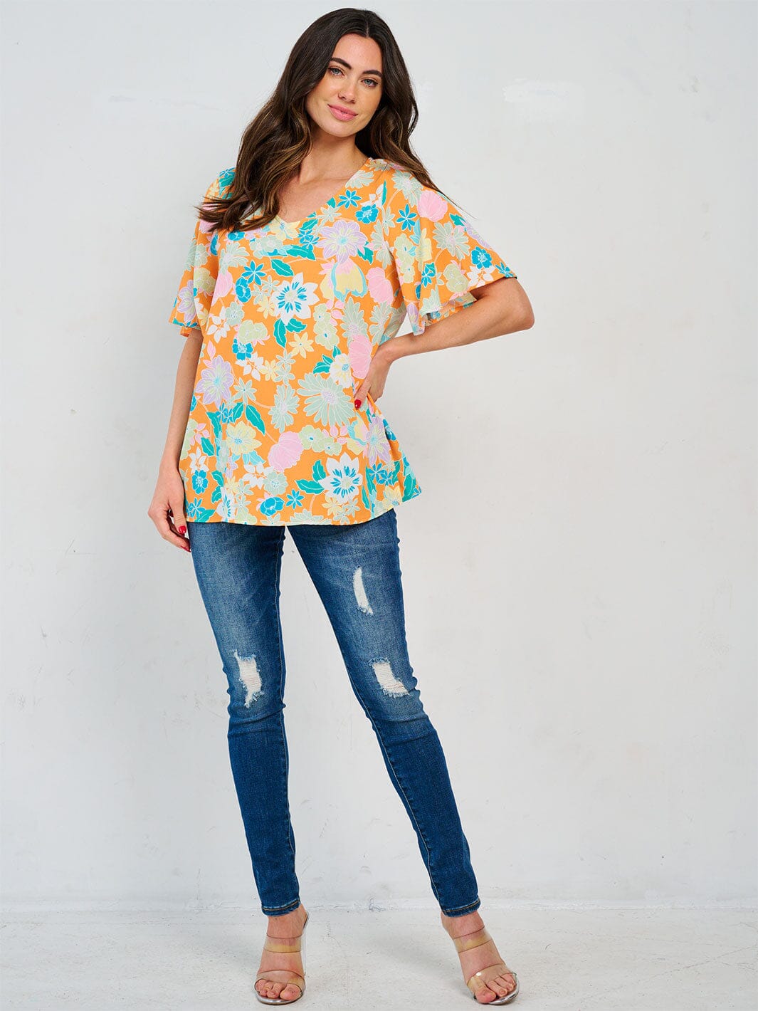 WOMEN'S SHORT SLEEVE V-NECK FLORAL PRINT TUNIC BLOUSE