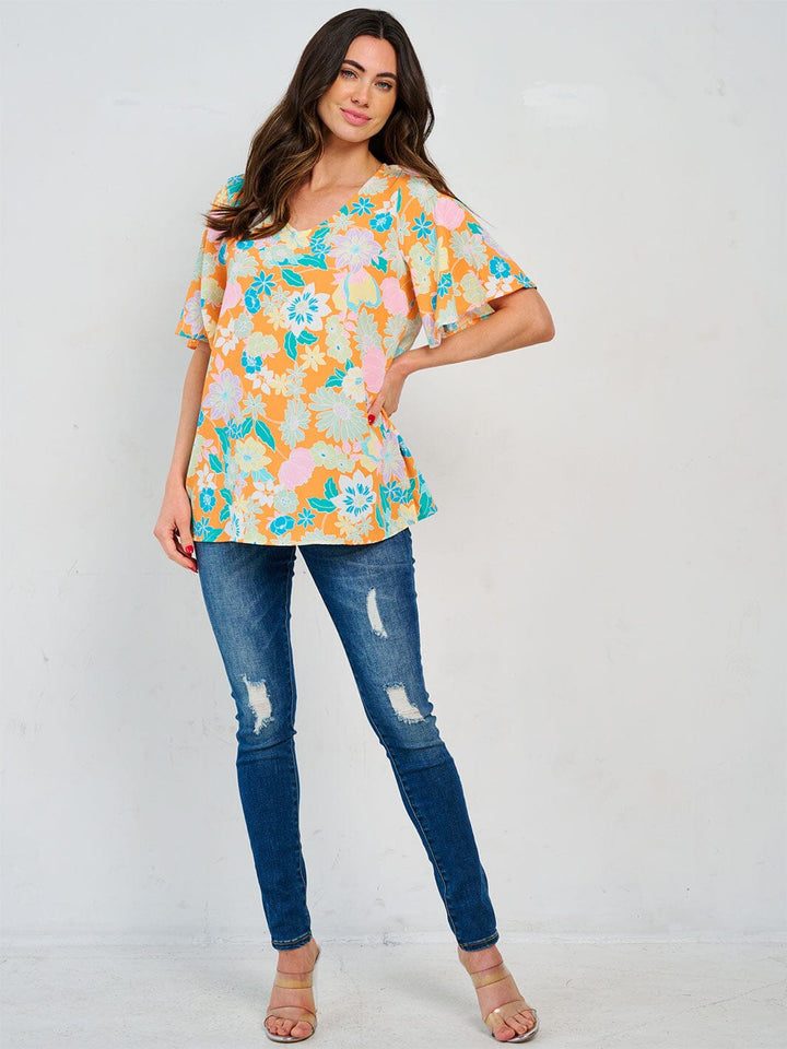 WOMEN'S SHORT SLEEVE V-NECK FLORAL PRINT TUNIC BLOUSE
