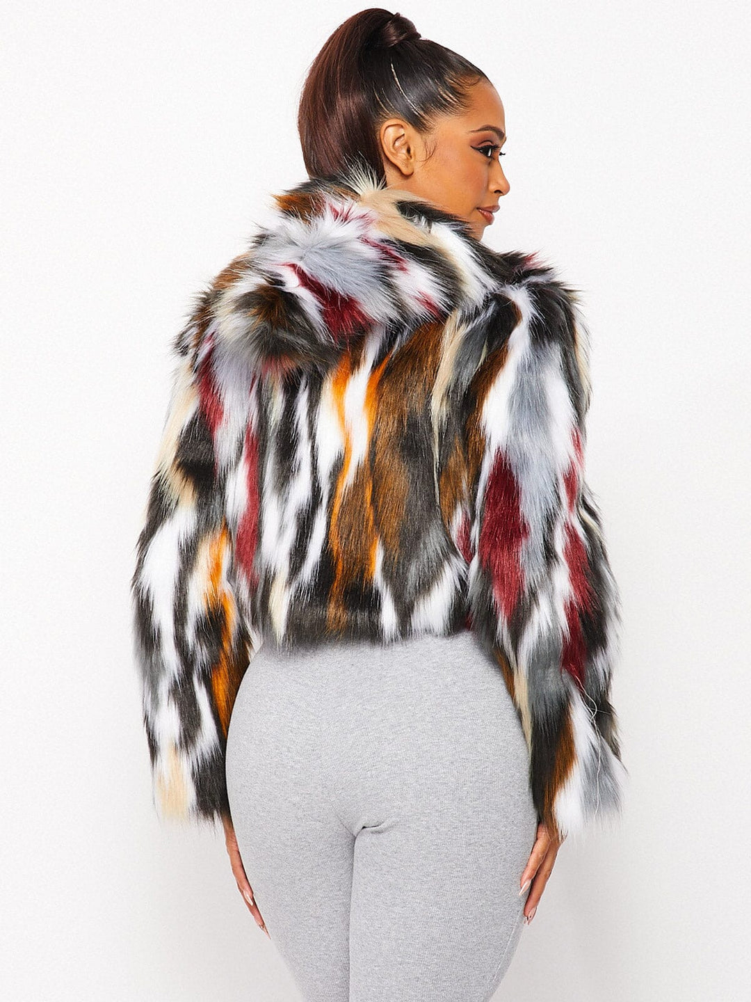 WOMEN'S LONG SLEEVE ZIP UP MULTI COLOR HOODED FAUX FUR JACKET