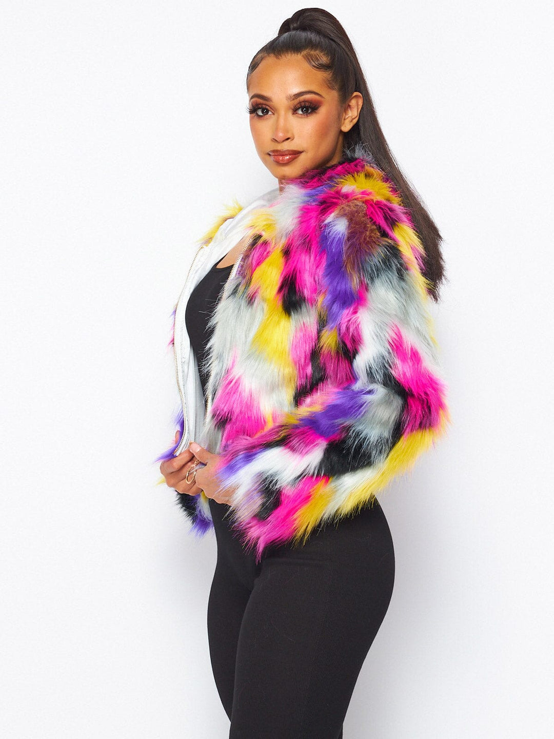 WOMEN'S LONG SLEEVE ZIP UP MULTI COLOR HOODED FAUX FUR JACKET