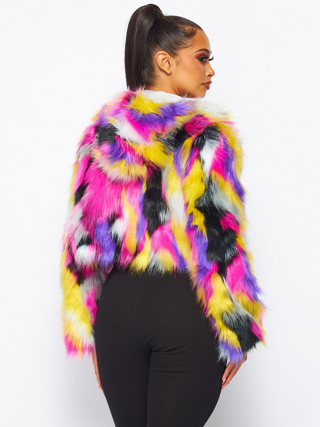 WOMEN'S LONG SLEEVE ZIP UP MULTI COLOR HOODED FAUX FUR JACKET
