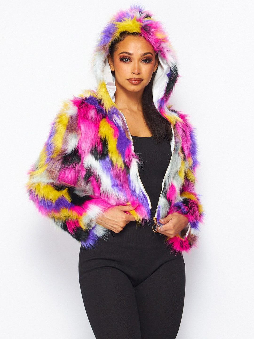 WOMEN'S LONG SLEEVE ZIP UP MULTI COLOR HOODED FAUX FUR JACKET