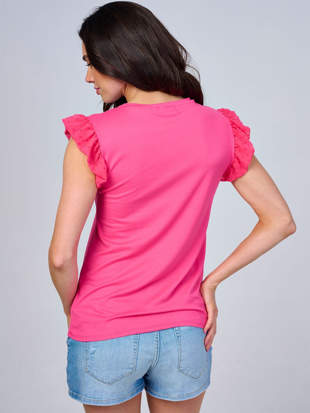 WOMEN'S RUFFLE SWISS DOTS SLEEVES SOLID BLOUSE