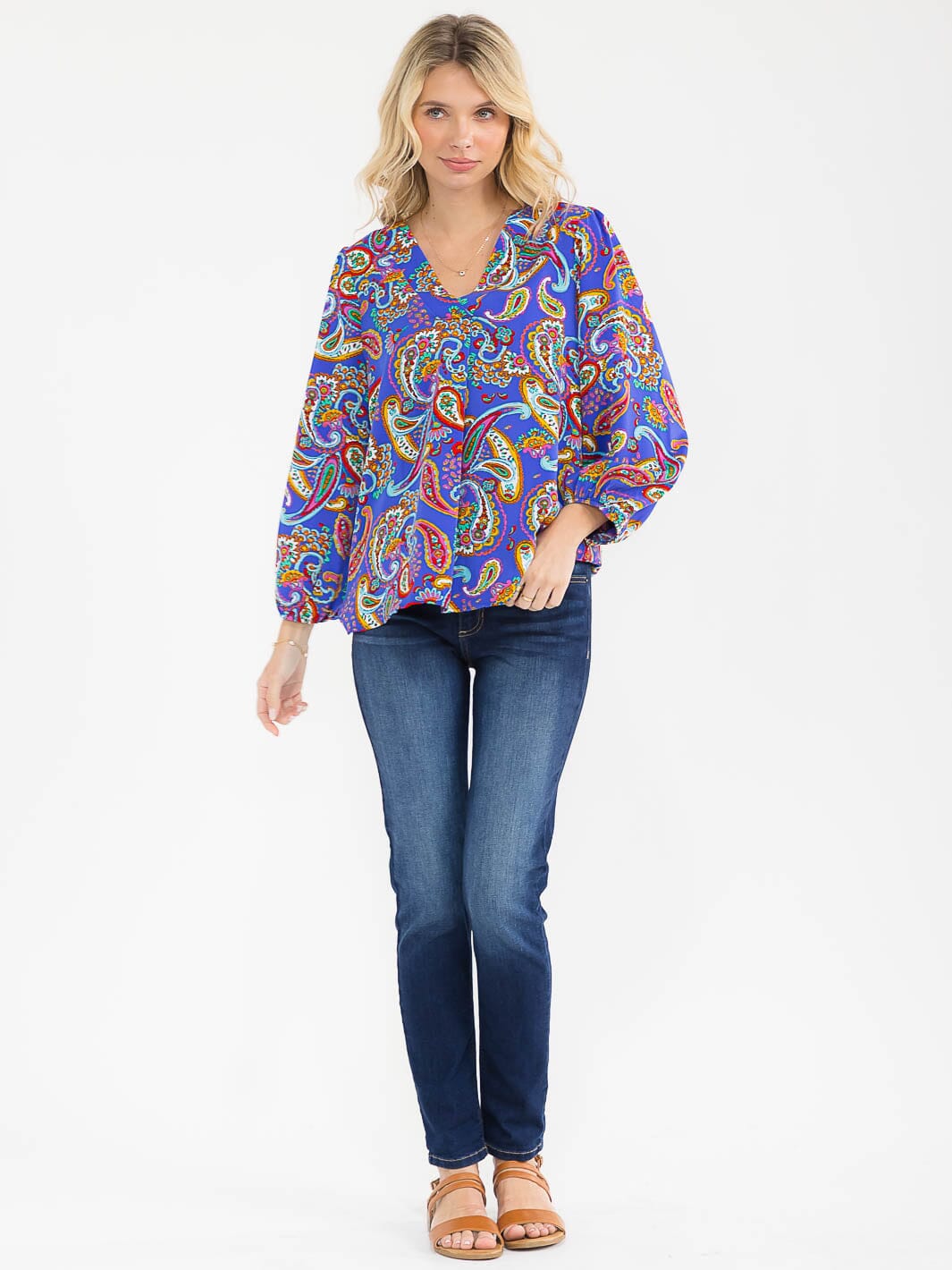 WOMEN'S LONG SLEEVE V-NECK MULTI PRINT BLOUSE