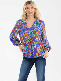 WOMEN'S LONG SLEEVE V-NECK MULTI PRINT BLOUSE