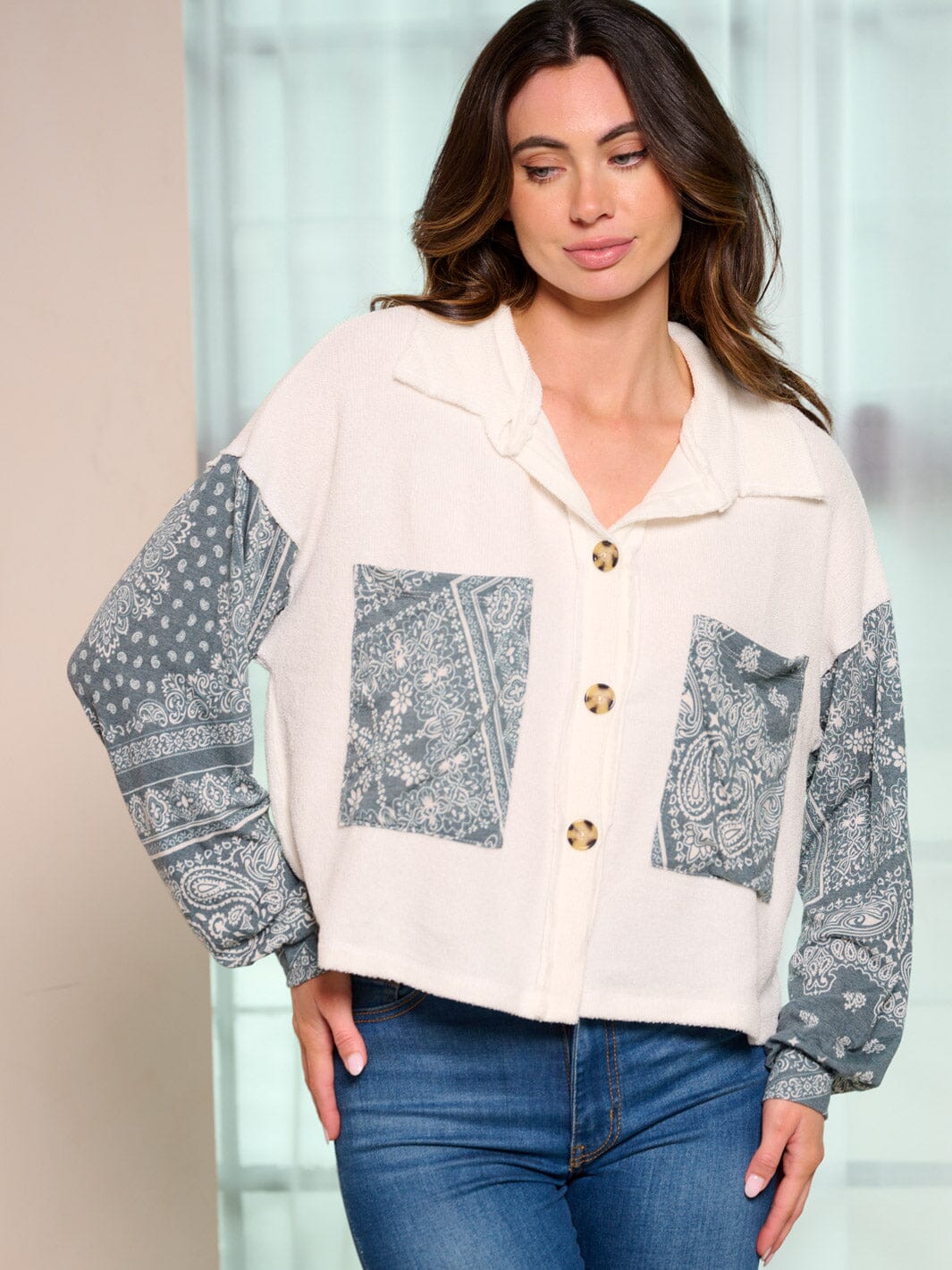 WOMEN'S LONG SLEEVE BUTTON UP POCKETS BLOUSE TOP