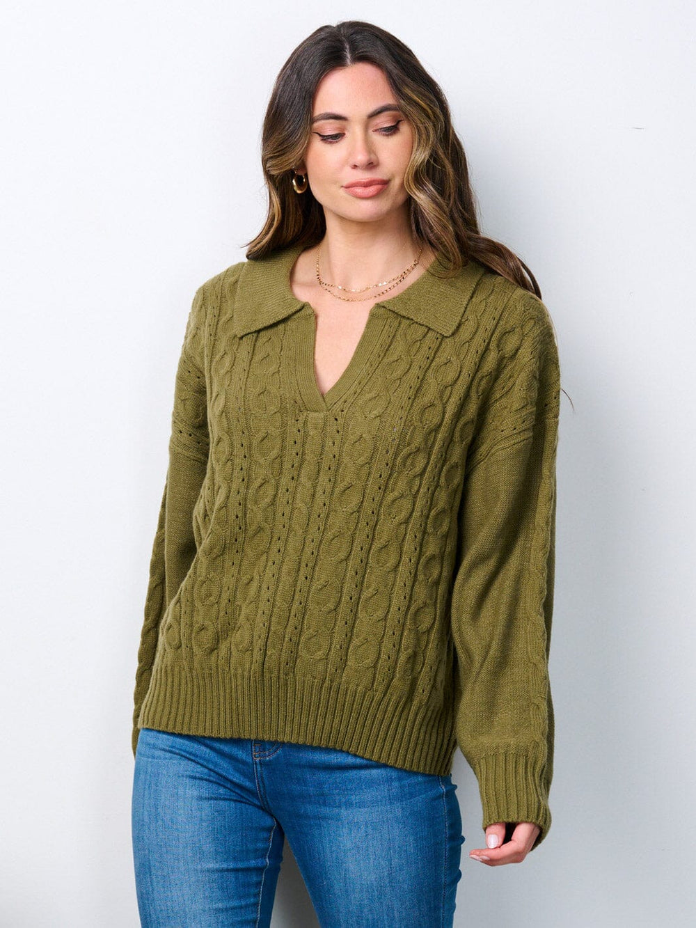 WOMEN'S LONG SLEEVE V-NECK DETAILED SWEATER