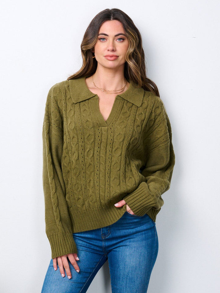 WOMEN'S LONG SLEEVE V-NECK DETAILED SWEATER