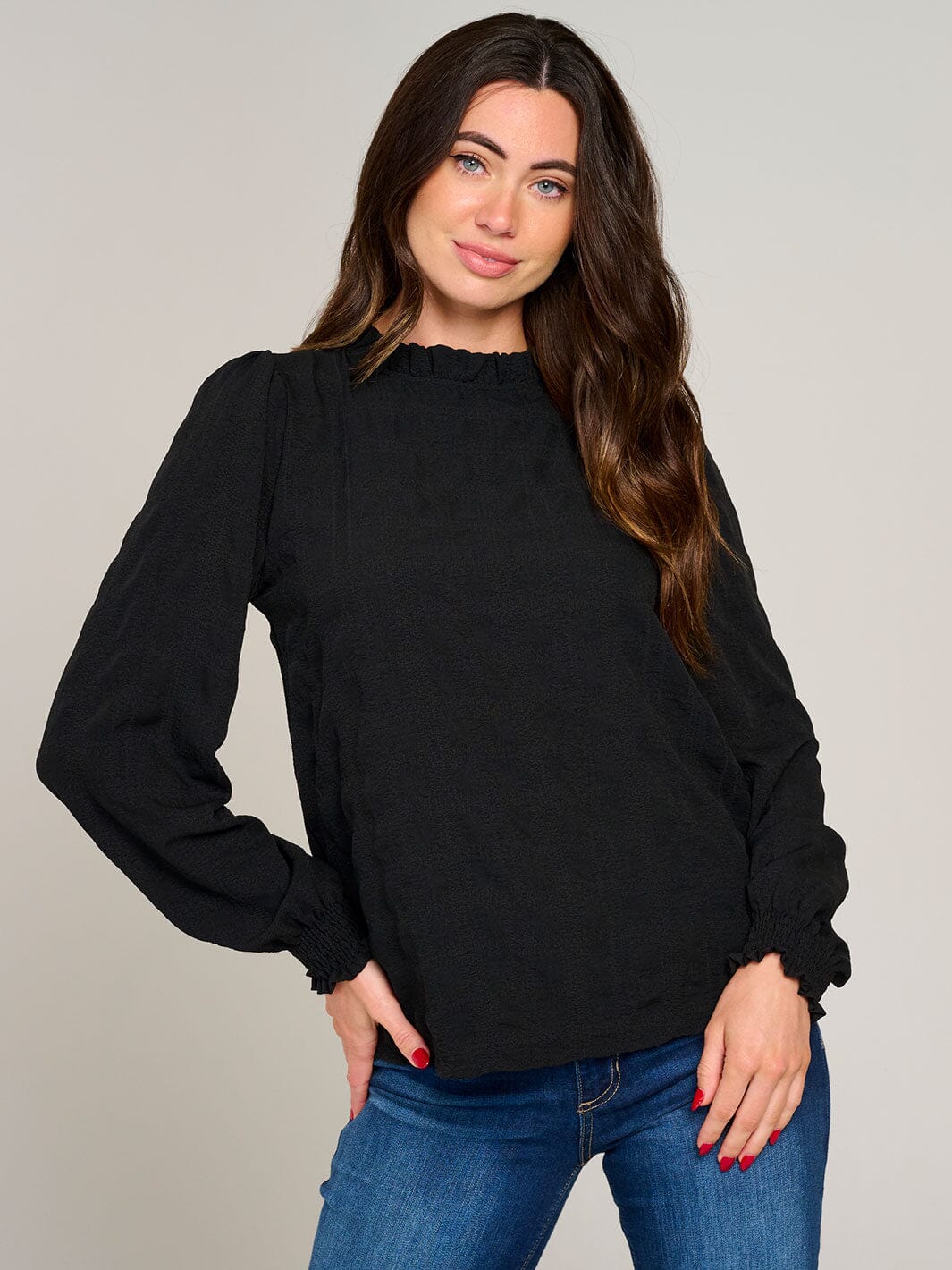 WOMEN'S LONG SLEEVE MOCK NECK RUFFLE DETAILED BLOUSE
