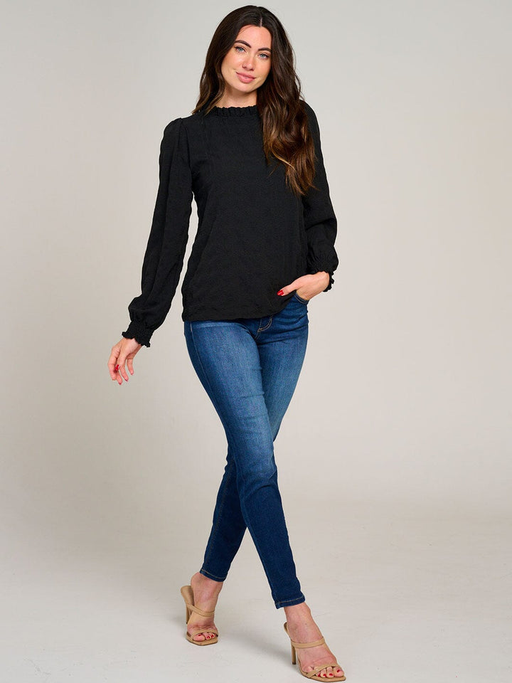 WOMEN'S LONG SLEEVE MOCK NECK RUFFLE DETAILED BLOUSE