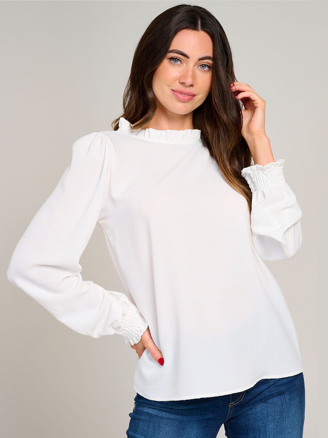 WOMEN'S LONG SLEEVE MOCK NECK RUFFLE BLOUSE