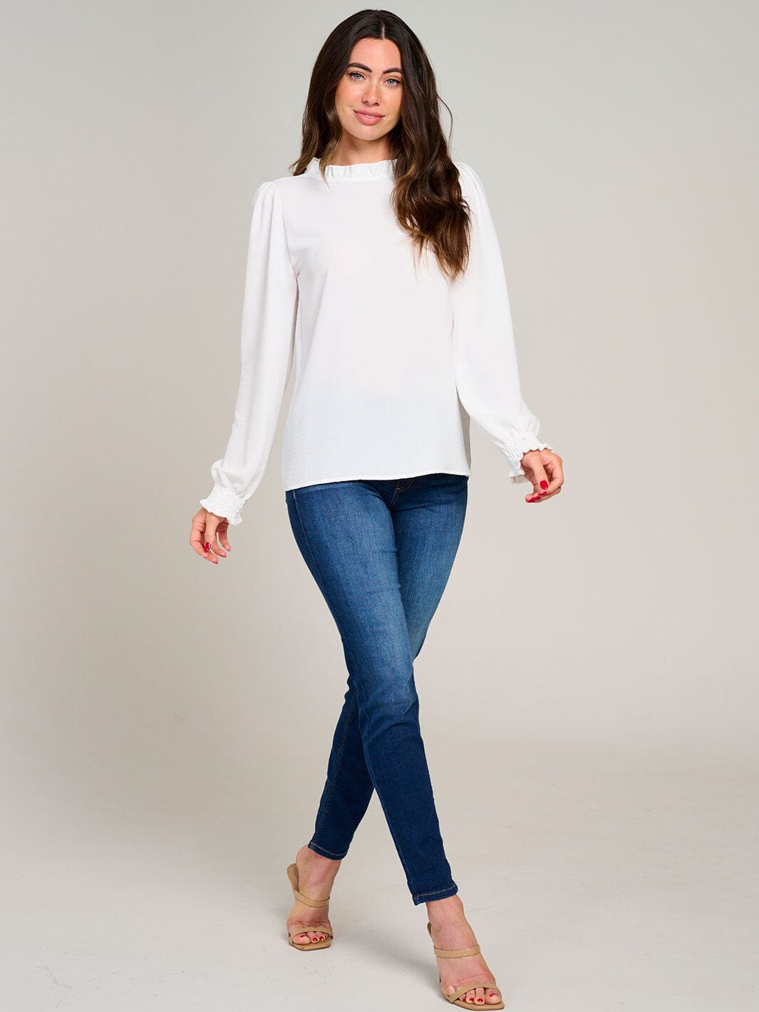 WOMEN'S LONG SLEEVE MOCK NECK RUFFLE BLOUSE