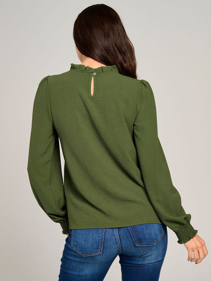 WOMEN'S LONG SLEEVE MOCK NECK RUFFLE BLOUSE