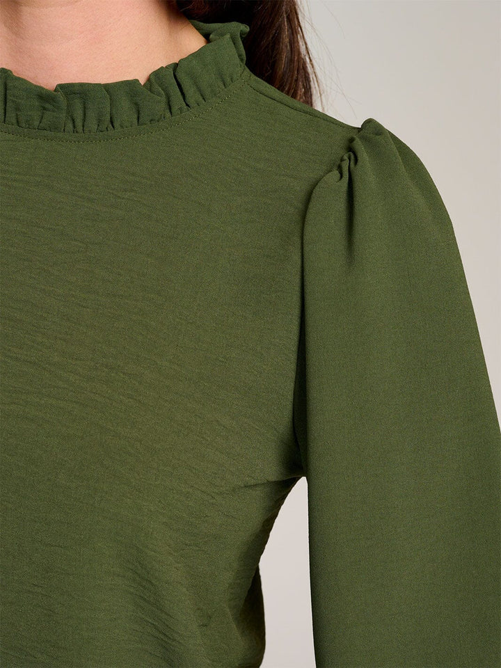 WOMEN'S LONG SLEEVE MOCK NECK RUFFLE BLOUSE