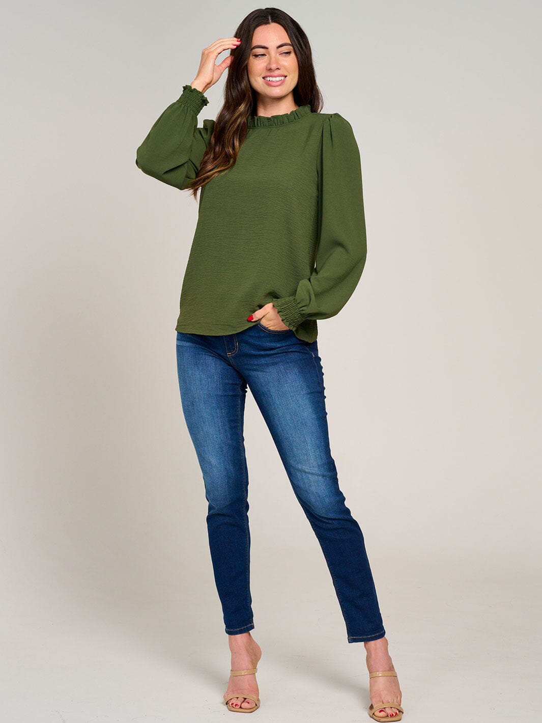 WOMEN'S LONG SLEEVE MOCK NECK RUFFLE BLOUSE