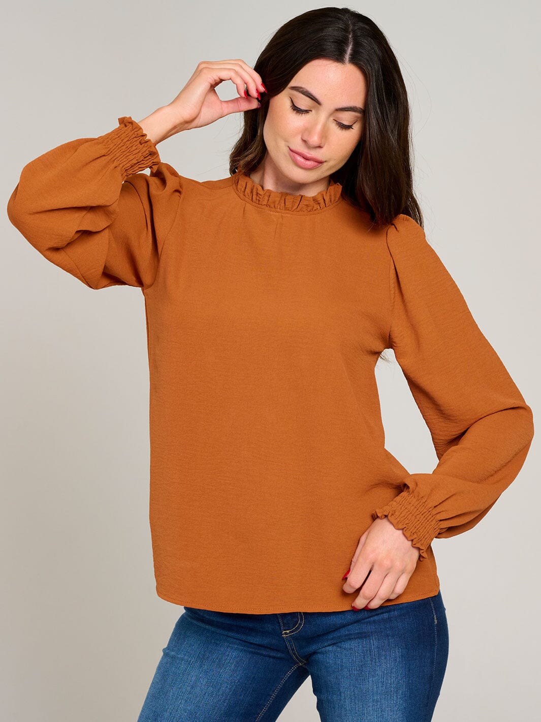 WOMEN'S LONG SLEEVE MOCK NECK RUFFLE BLOUSE
