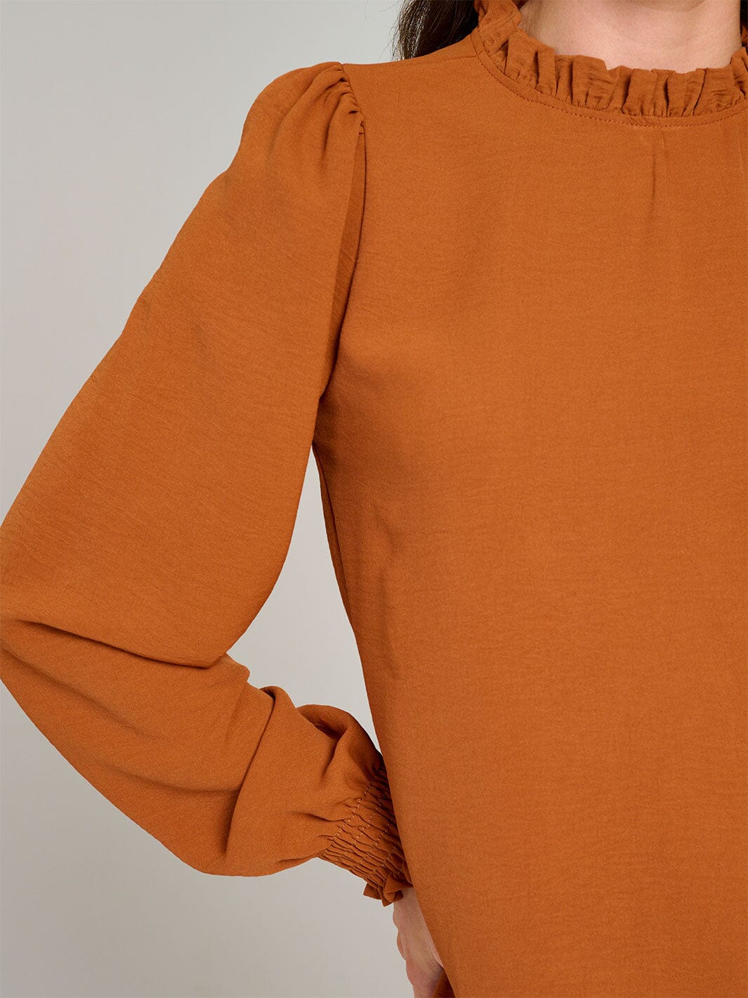 WOMEN'S LONG SLEEVE MOCK NECK RUFFLE BLOUSE