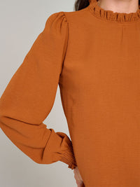 WOMEN'S LONG SLEEVE MOCK NECK RUFFLE BLOUSE